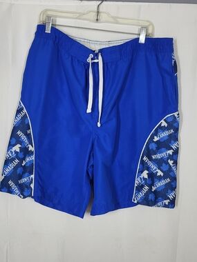 Men's Blue Swim Board Shorts with White Drawstring and Side Graphic Panels